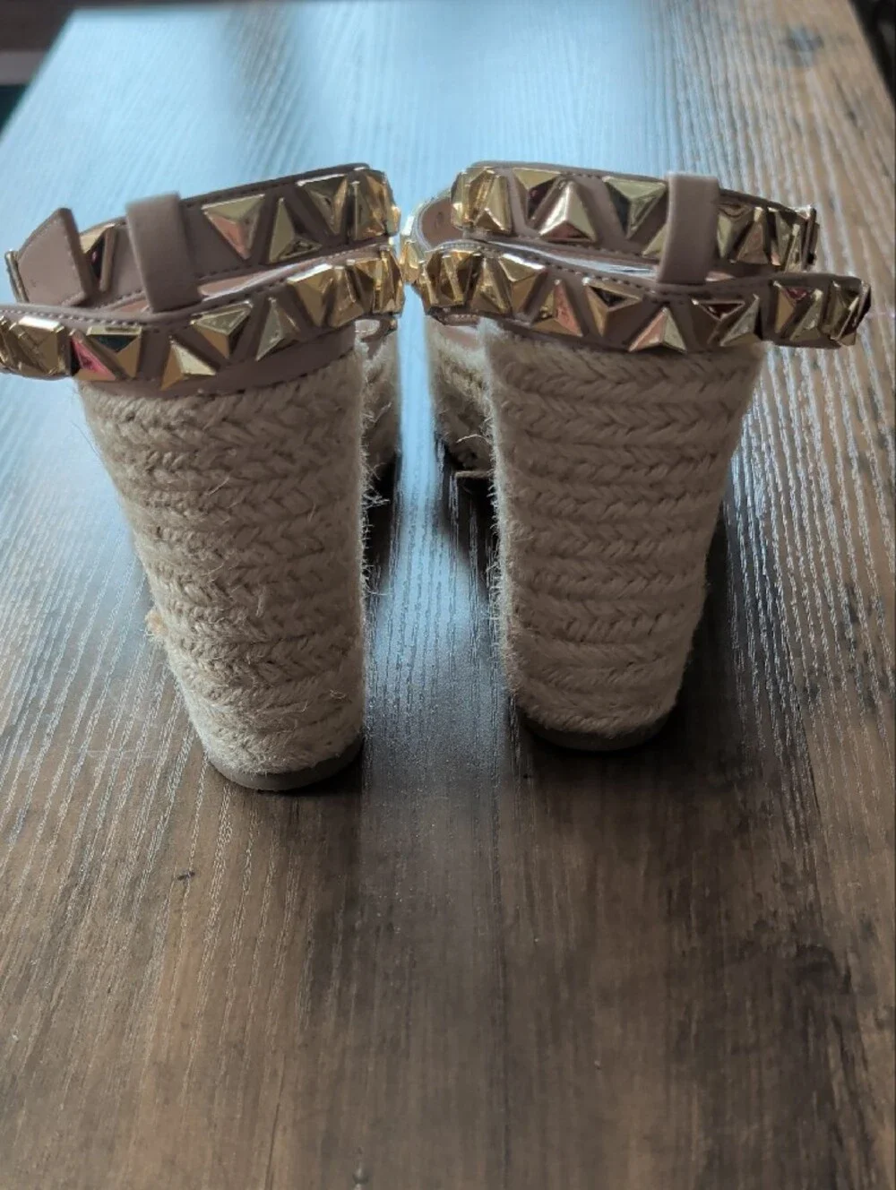 Steve Madden Beige Espadrille Wedge Sandals with Gold Studs
